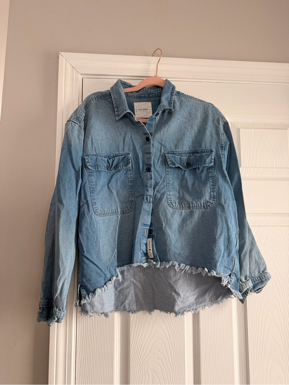 Lucky Brand Light Blue Denim Shacket with Raw Hem